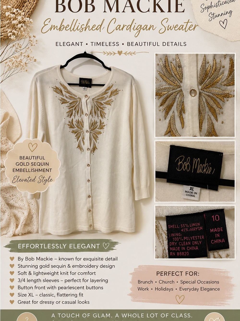Bob Mackie Cream Cardigan with Gold Sequin Embroidery NWT Size 1X